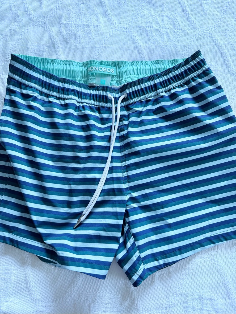 Bonobos Striped Navy and Aqua Swim Trunks